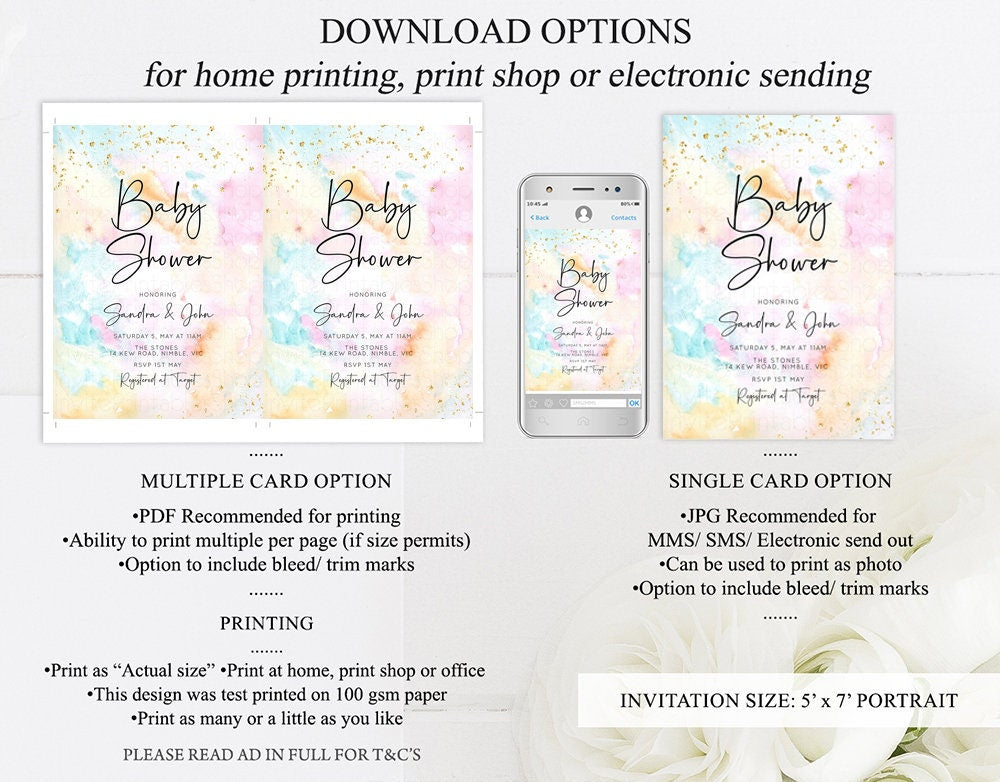 Rainbow Baby Shower Invitation Pastel Watercolor Invite Colorful Splash Invite Gold Sprinkle Invite Gold Glitter Invite Confetti Invite 566