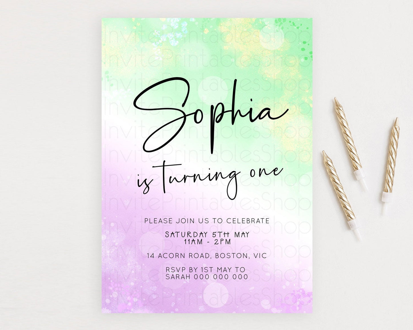 Pastel Birthday Invitation Ombre Watercolor Birthday Invitation Glitter Rainbow Color Splash 1st 2nd 3rd Birthday Invitation D23103