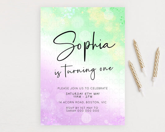 Pastel Birthday Invitation Ombre Watercolor Birthday Invitation Glitter Rainbow Color Splash 1st 2nd 3rd Birthday Invitation D23103