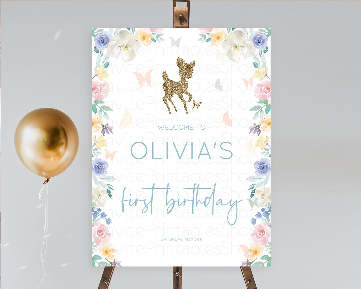 Fawn Welcome Sign Deer Welcome Board Floral Deer Welcome Poster Enchanted Forest Butterfly Pastel Floral First Birthday Welcome Sign D10878