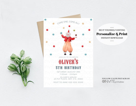 Circus Birthday Invitation Circus Clown Invite Come One Come All Circus Tent Jester Tricks Juggling Balls Ringmaster Colorful Red Blue