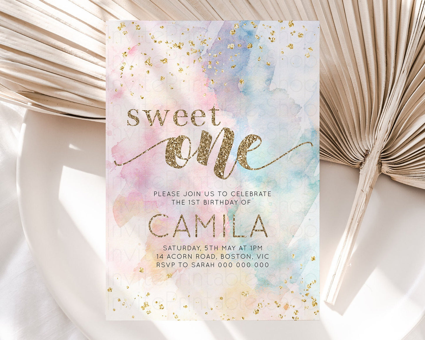 Rainbow Birthday Invitation Glitter Pastel Invitation Colorful Watercolor Gold Foil Splatter Sprinkle Ombre 1st 2nd 3rd Sweet One Invite 276