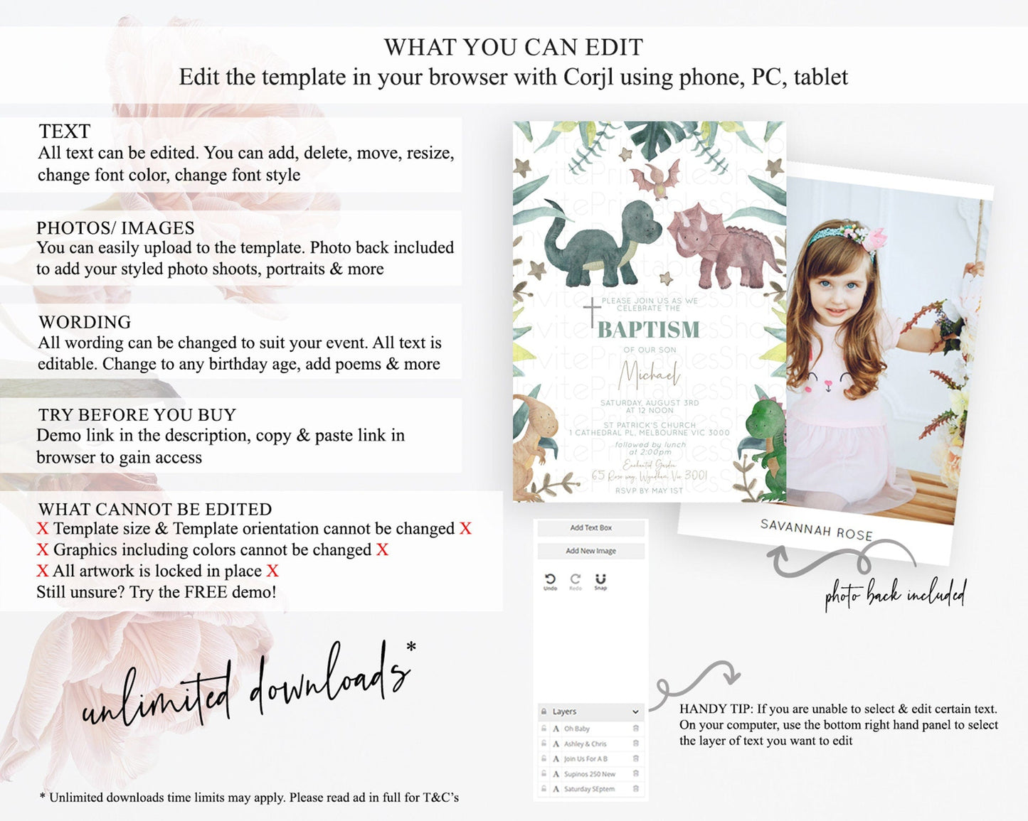 Dinosaur Baptism Invitation Dinosaur Volcano Baptism 1st Birthday Invitation Watercolor T-Rex Raptor Jurassic Christening Invitation D10597