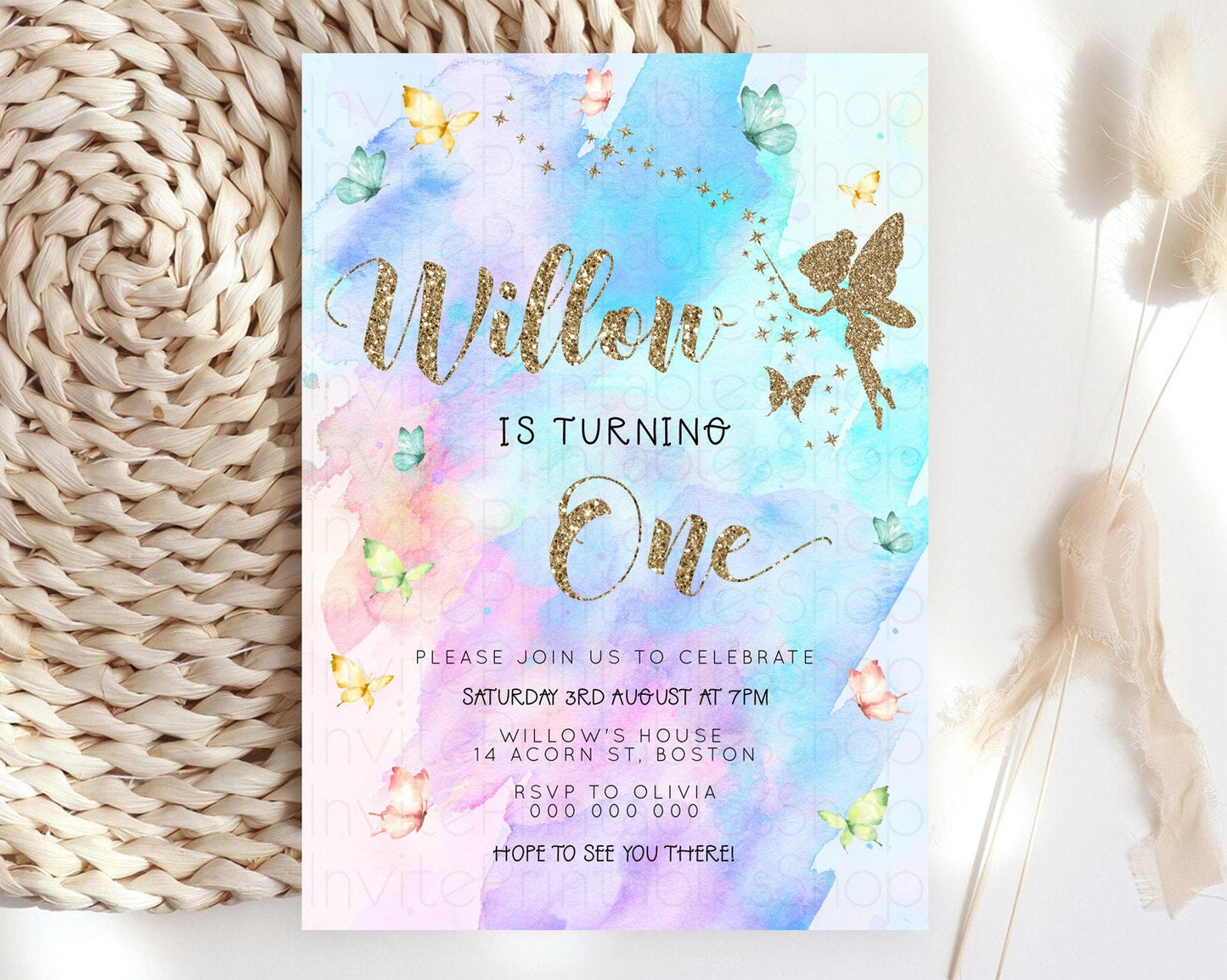 Pastel Fairy Birthday Invitation Pastel Butterflies Fairy Birthday Invitation Rainbow Ombre Watercolor 1st 2nd Birthday Invitation D23340