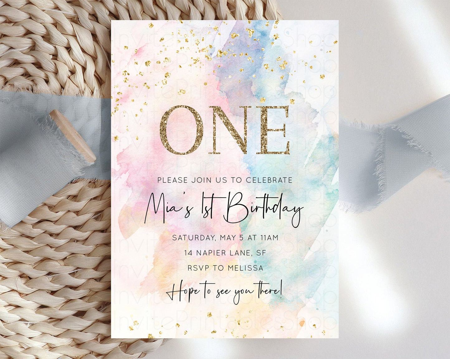 Rainbow Birthday Invitation Pastel Birthday Invitation Ombre Rainbow Invite Colorful Watercolor Invite Glitter Sprinkle 1st 2nd 3rd 276v2