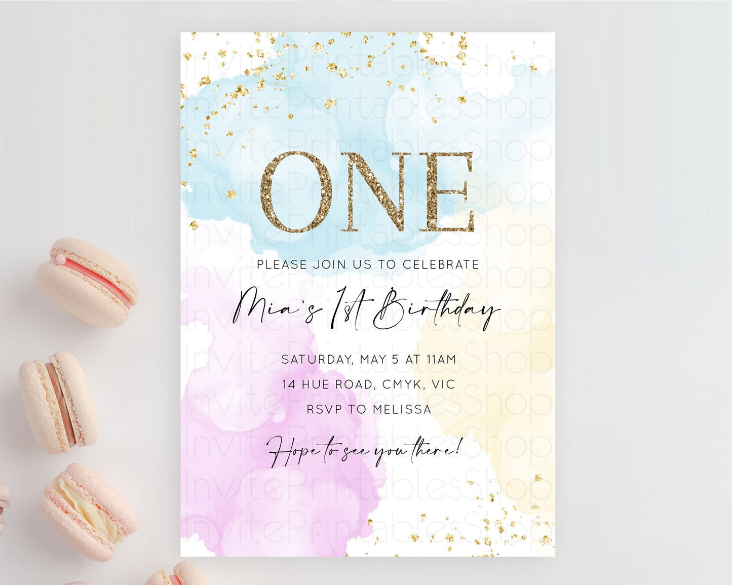 Rainbow Birthday Invitation Colorful Pastel Watercolor Invitation Gold Glitter Sprinkles Ombre Pastel 1st 2nd 3rd Birthday D10204