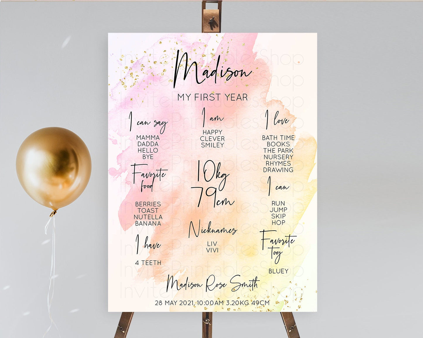 Pink First Birthday Milestone Poster Pink Watercolor Milestone Board Pastel Pink Watercolor Splash Milestone Board 1st Birthday D10167