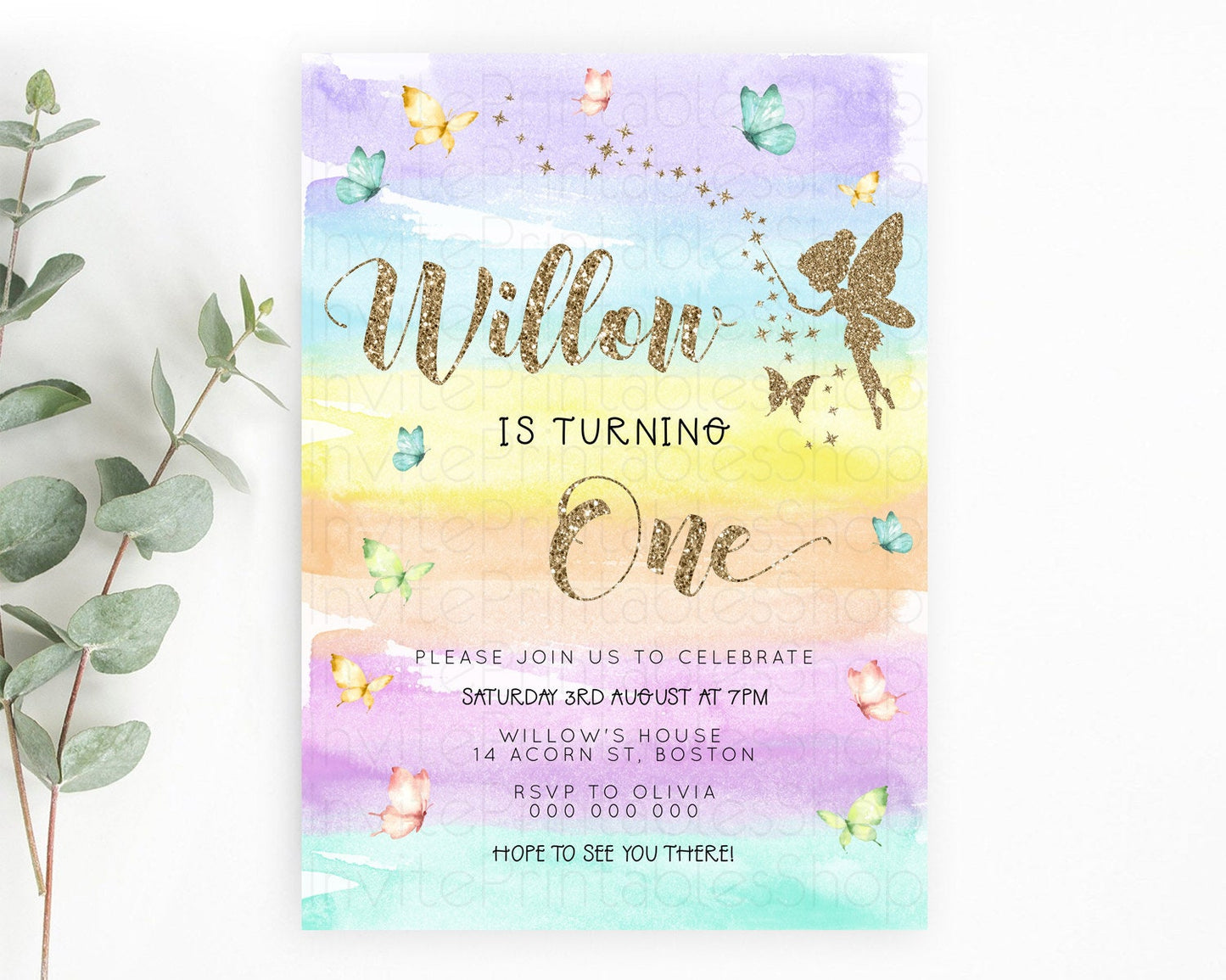 Pastel Fairy Birthday Invitation Pastel Butterflies Fairy Birthday Invitation Rainbow Ombre Watercolor 1st 2nd Birthday Invitation D23315