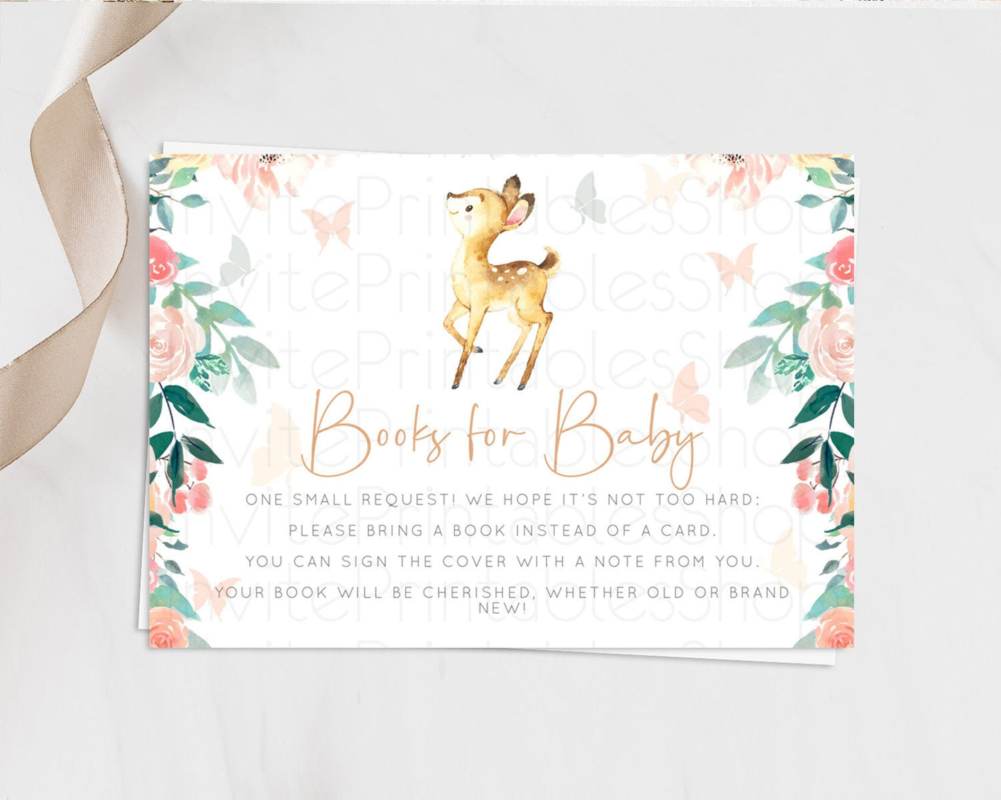 Fawn Books For Baby Card Deer Book Insert Floral Deer Book Card Enchanted Forest Butterfly Pastel Baby Shower Book Poem Request D10753
