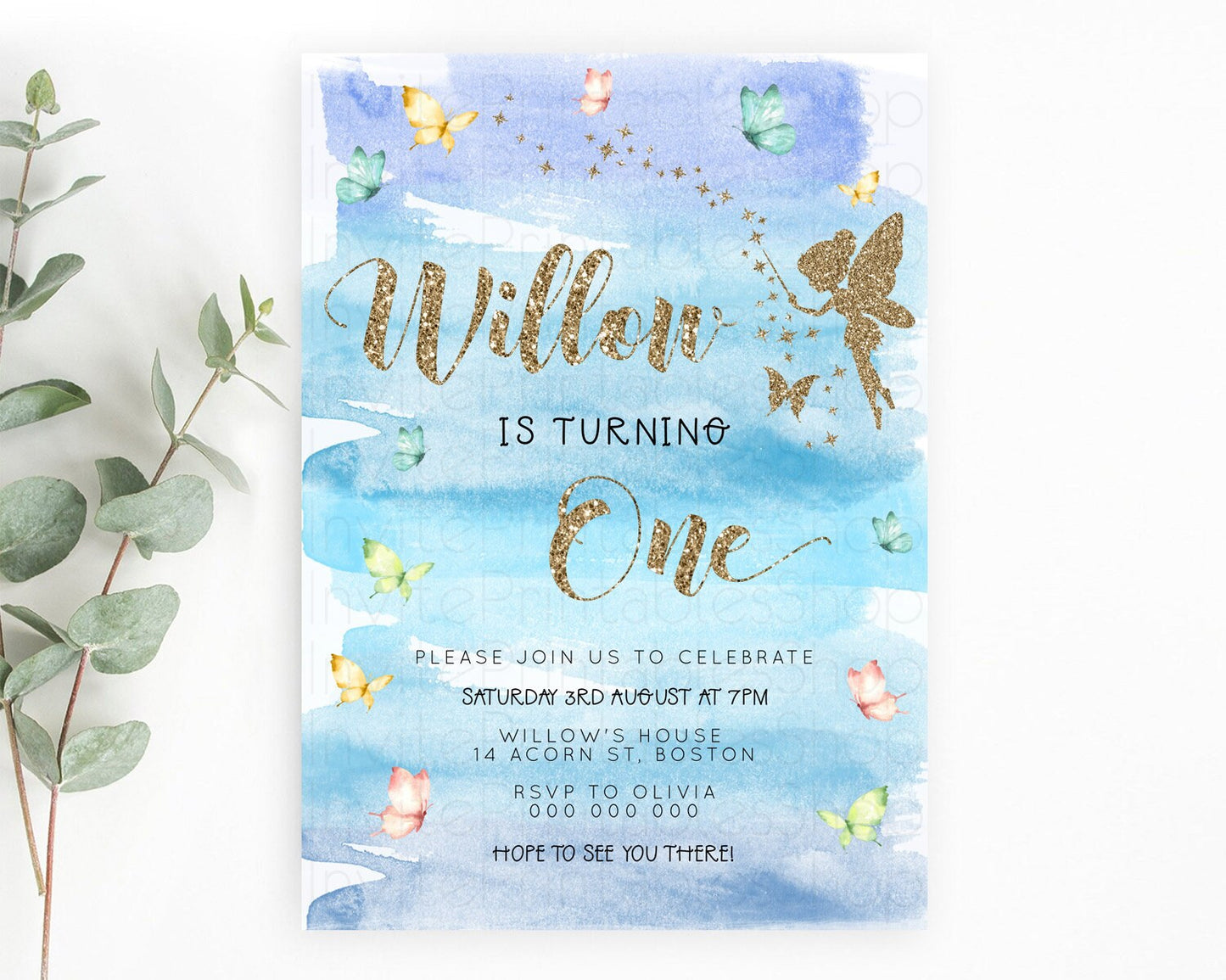 Pastel Fairy Birthday Invitation Pastel Butterflies Fairy Birthday Invitation Rainbow Ombre Watercolor 1st 2nd Birthday Invitation D23324