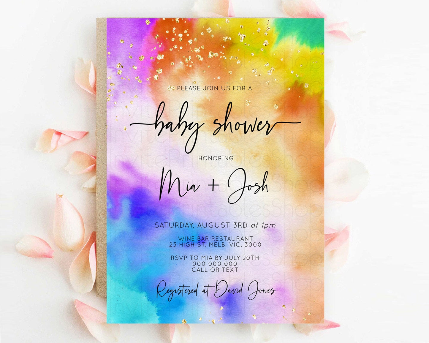 Pastel Baby Shower Invitation Rainbow Baby Shower Invitation Colorful Pastel Watercolor Invitation Gold Glitter Sprinkles Ombre D10530