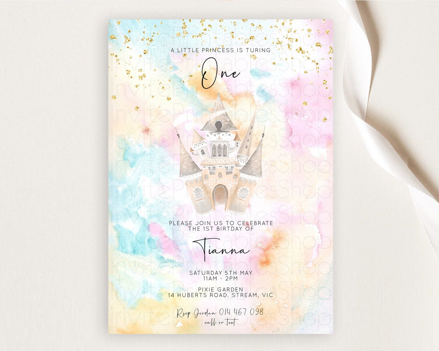 Princess Birthday Invitation Princess Invitation Pastel Invitation Royal Birthday Rainbow Color Enchanted Castle 1st First Birthday D11029