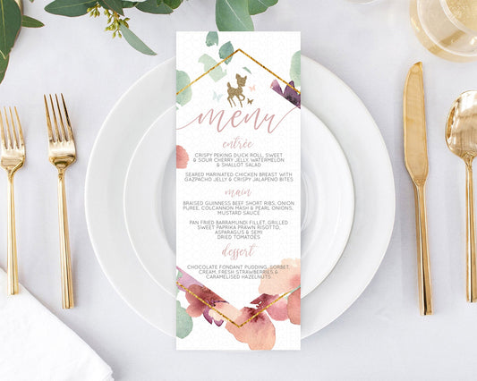 Fawn Menu Deer Menu Template Pastel Floral Deer Table Decor Enchanted Forest Butterfly Floral Dinner Dessert Menu Party Food Menu D10459