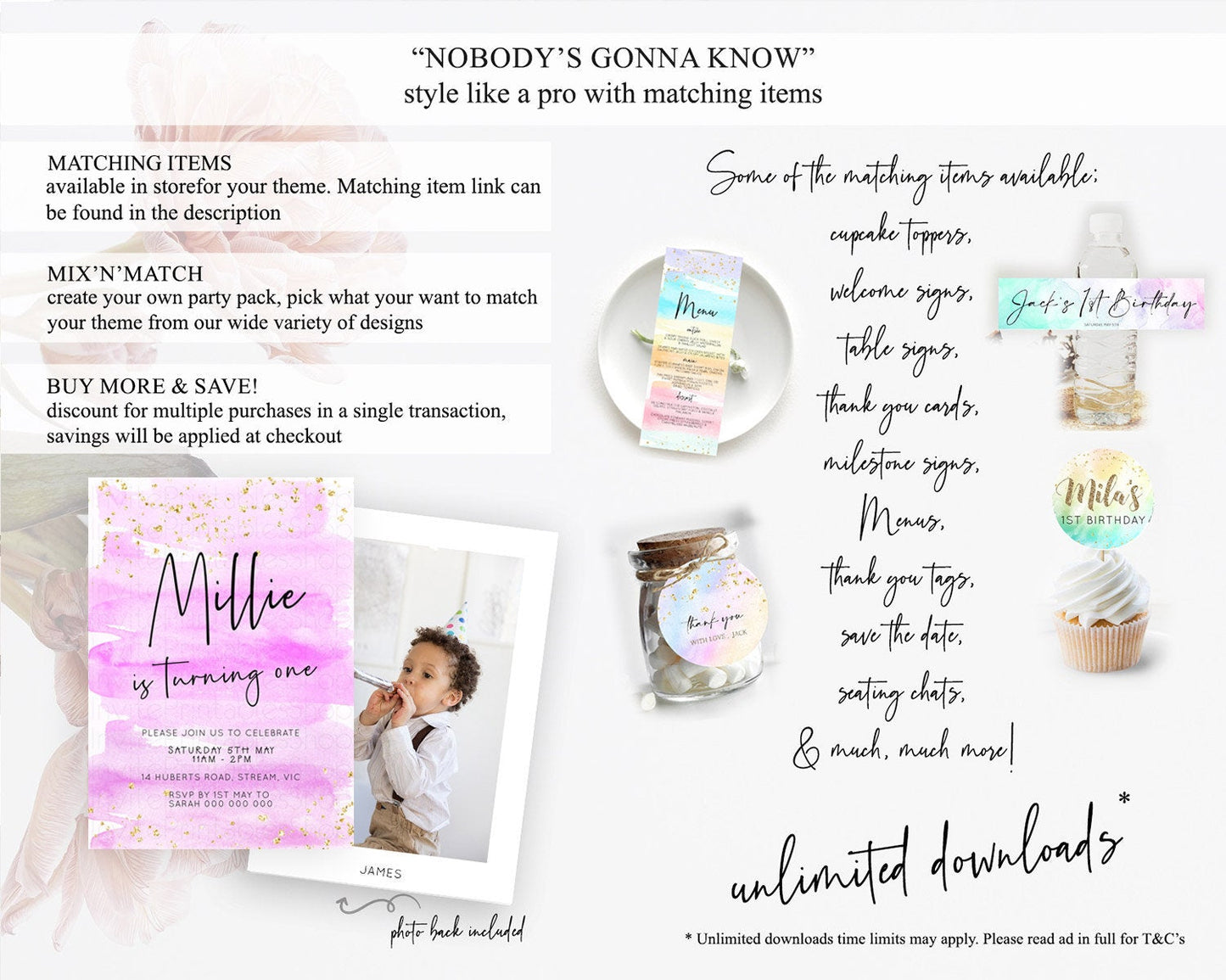 Pink Birthday Invitation pink Watercolor Invitation Pastel pink Watercolor Invitation pink Splash Gold Invitation 1st First Birthday D23048