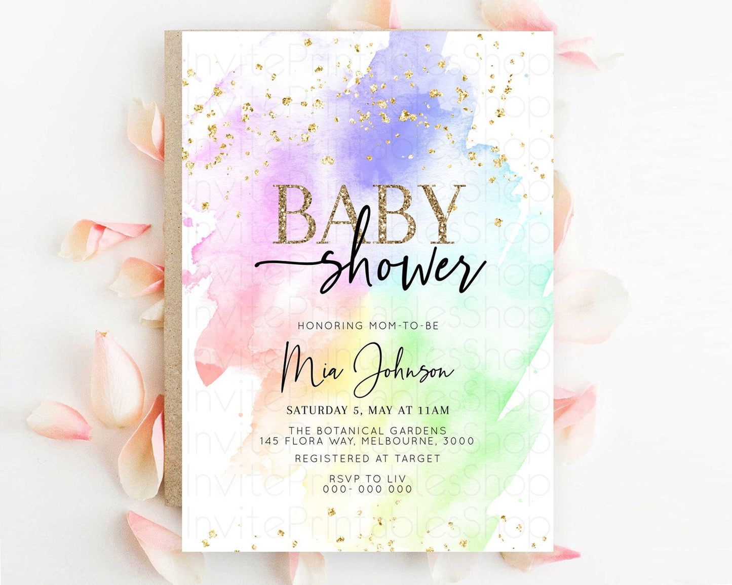 Pastel Baby Shower Invitation Rainbow Baby Shower Invitation Colorful Pastel Watercolor Invitation Gold Glitter Sprinkles Ombre D10316