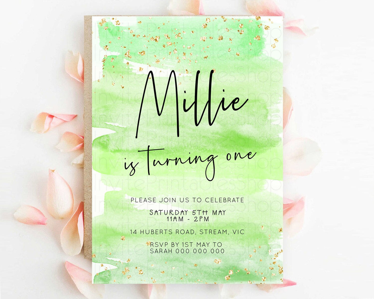 Green Birthday Invitation green Watercolor Invitation Pastel green Watercolor Invitation green Splash Gold Invitation First Birthday D23050