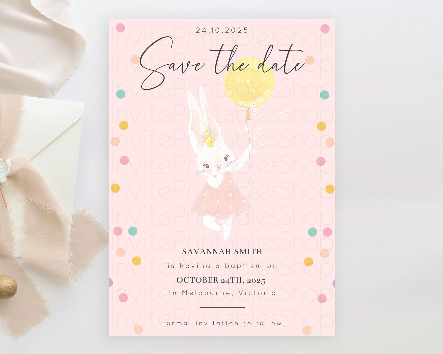 Bunny Balloon Save The Date Template Colorful Pastel Confetti Sprinkles Bunny Party Save The Date 1st Birthday Baby Shower Baptism D10219