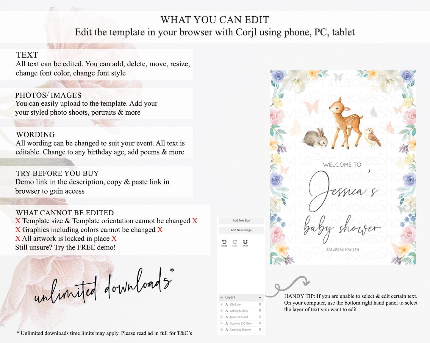 Fawn Baby Shower Welcome Sign Deer Welcome Board Floral Deer Welcome Poster Enchanted Forest Butterfly Pastel Floral Welcome Sign D10930