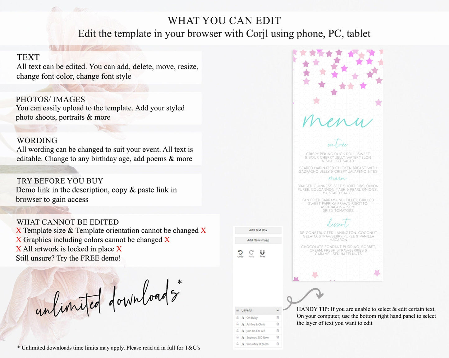 Star Menu Template Pastel Stars Menu Shooting Star Twinkle Little Star Decor Rainbow Colorful Confetti Dinner Dessert Food Menu D10403