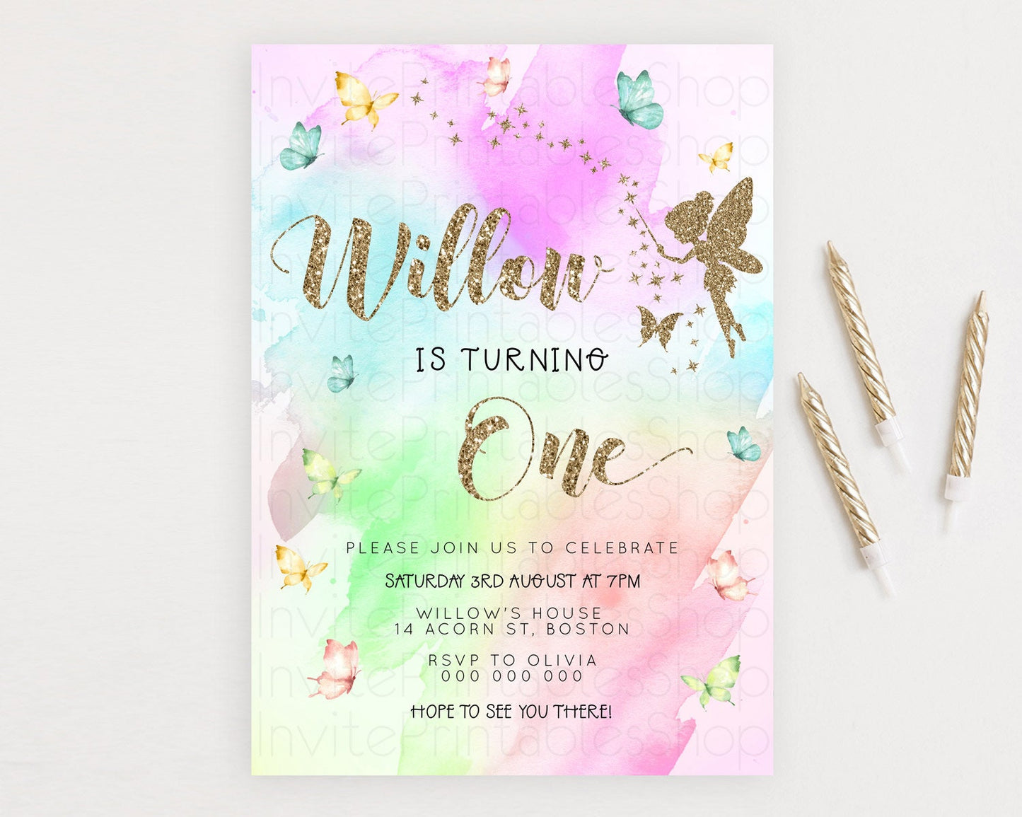 Pastel Fairy Birthday Invitation Pastel Butterflies Fairy Birthday Invitation Rainbow Ombre Watercolor 1st 2nd Birthday Invitation D23350