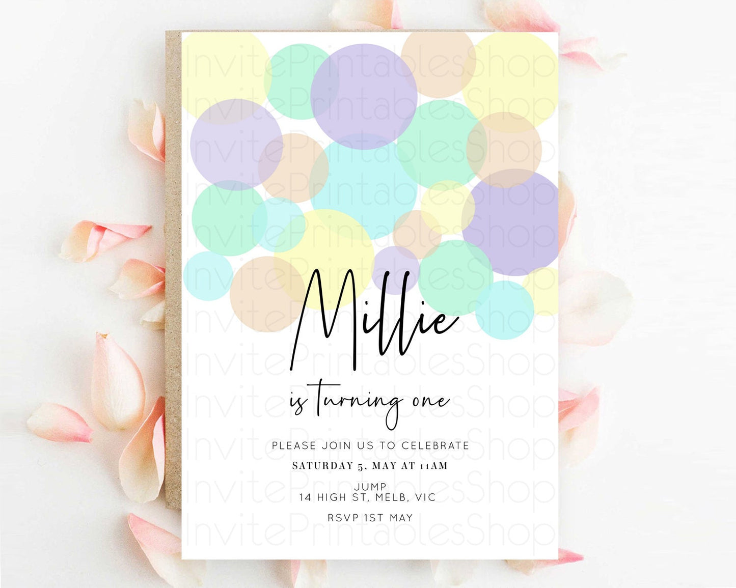 Pastel Birthday Invitation Pastel Confetti Birthday Invitation Bubbles Invitation Colorful Rainbow Confetti 2nd 1st First Birthday D10414
