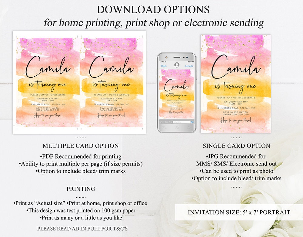 Pastel Birthday Invitation Pink Pastel Birthday Invitation Tropical Sunset Watercolor Invite Ombre Invitation Gold Glitter Sprinkles Invite