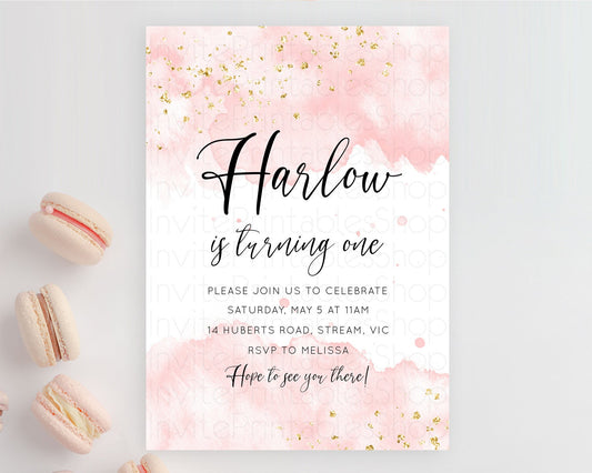 Pink Birthday Invitation pink Watercolor Invitation Pastel pink Watercolor Invitation pink Splash Gold Invitation 1st First Birthday D10328