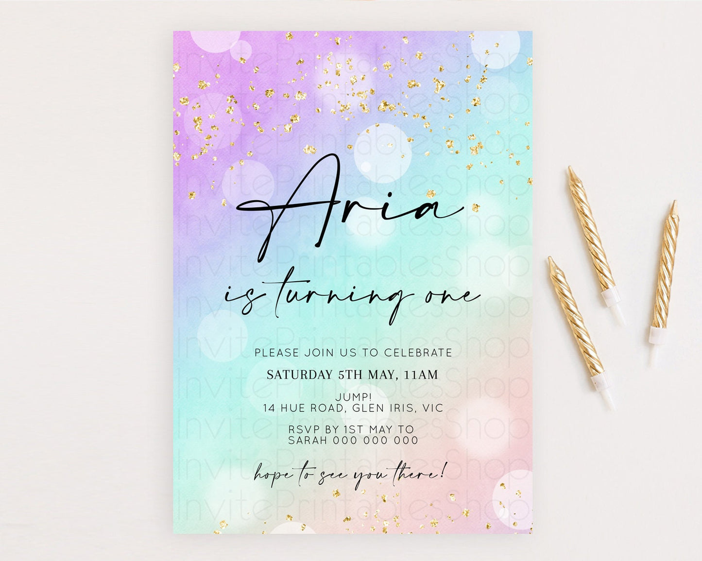 Rainbow Birthday Invitation Colorful Pastel Watercolor Invitation Gold Glitter Sprinkles Ombre Pastel 1st 2nd 3rd Birthday D10618