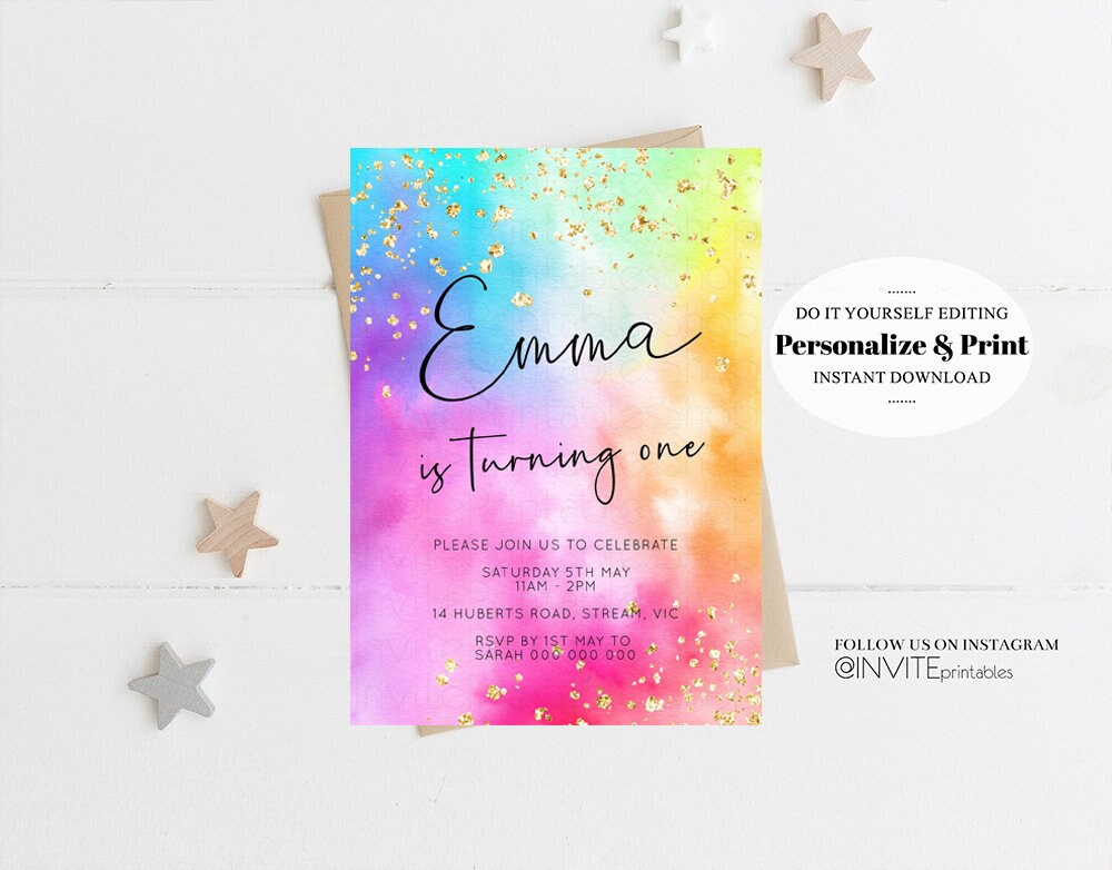 Rainbow Birthday Invitation Ombre Pastel Invitation Colorful Watercolor Splash Gold Glitter Sprinkles Tie Dye Printable Digital Invite 509