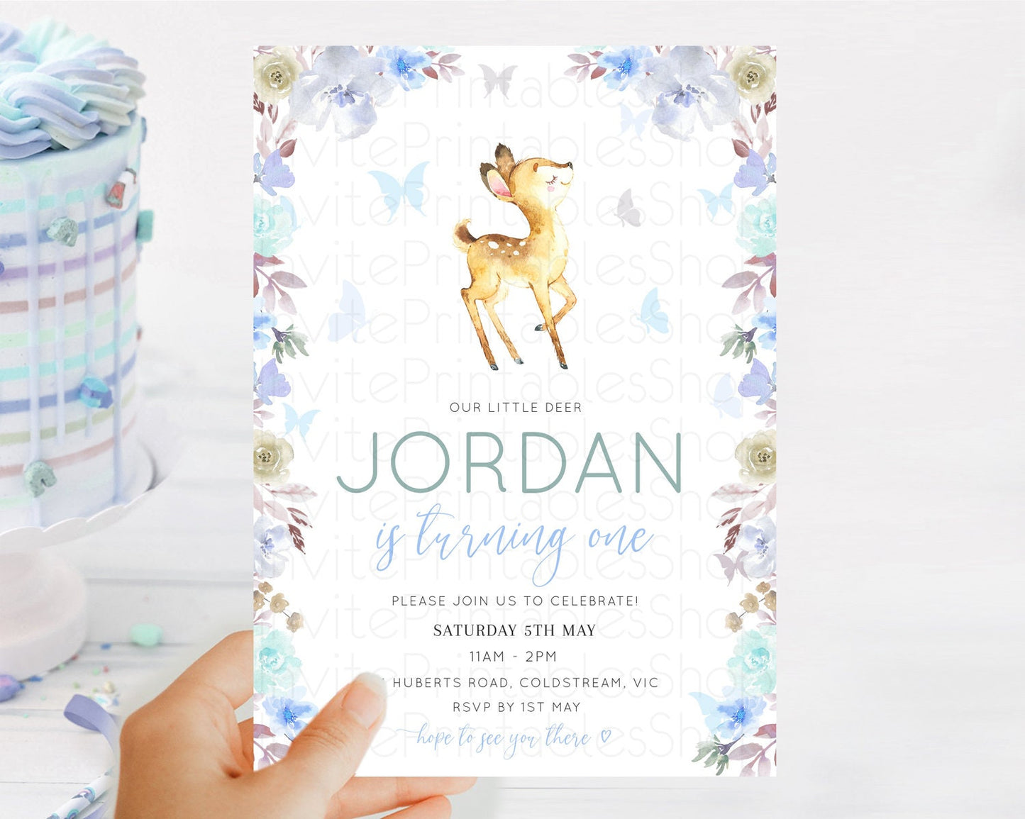 Fawn Birthday Invitation Deer Birthday Invitation Enchanted Forest Party Butterfly Pastel Flowers Whimsical 2nd 1st First Birthday D10960