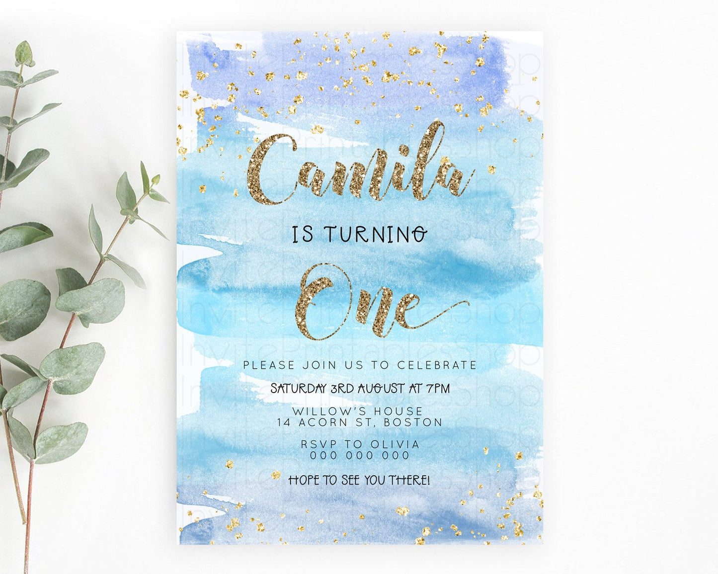 Blue Birthday Invitation Blue Watercolor Invitation Pastel Blue Watercolor Invitation Blue Splash Gold Invitation 1st First Birthday D23277