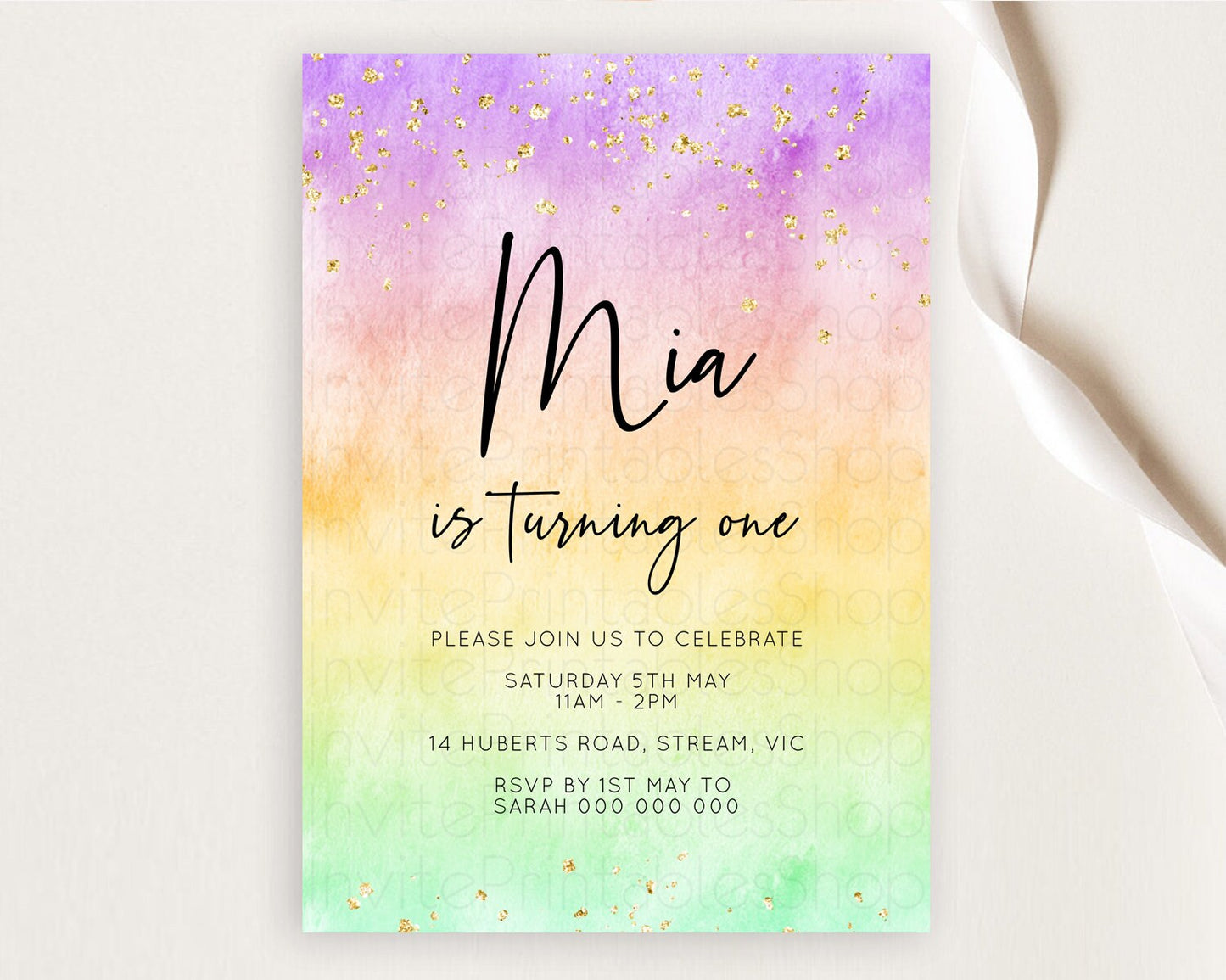 Rainbow Birthday Invitation Colorful Pastel Watercolor Invitation Gold Glitter Sprinkles Ombre Pastel 1st 2nd 3rd Birthday D10514