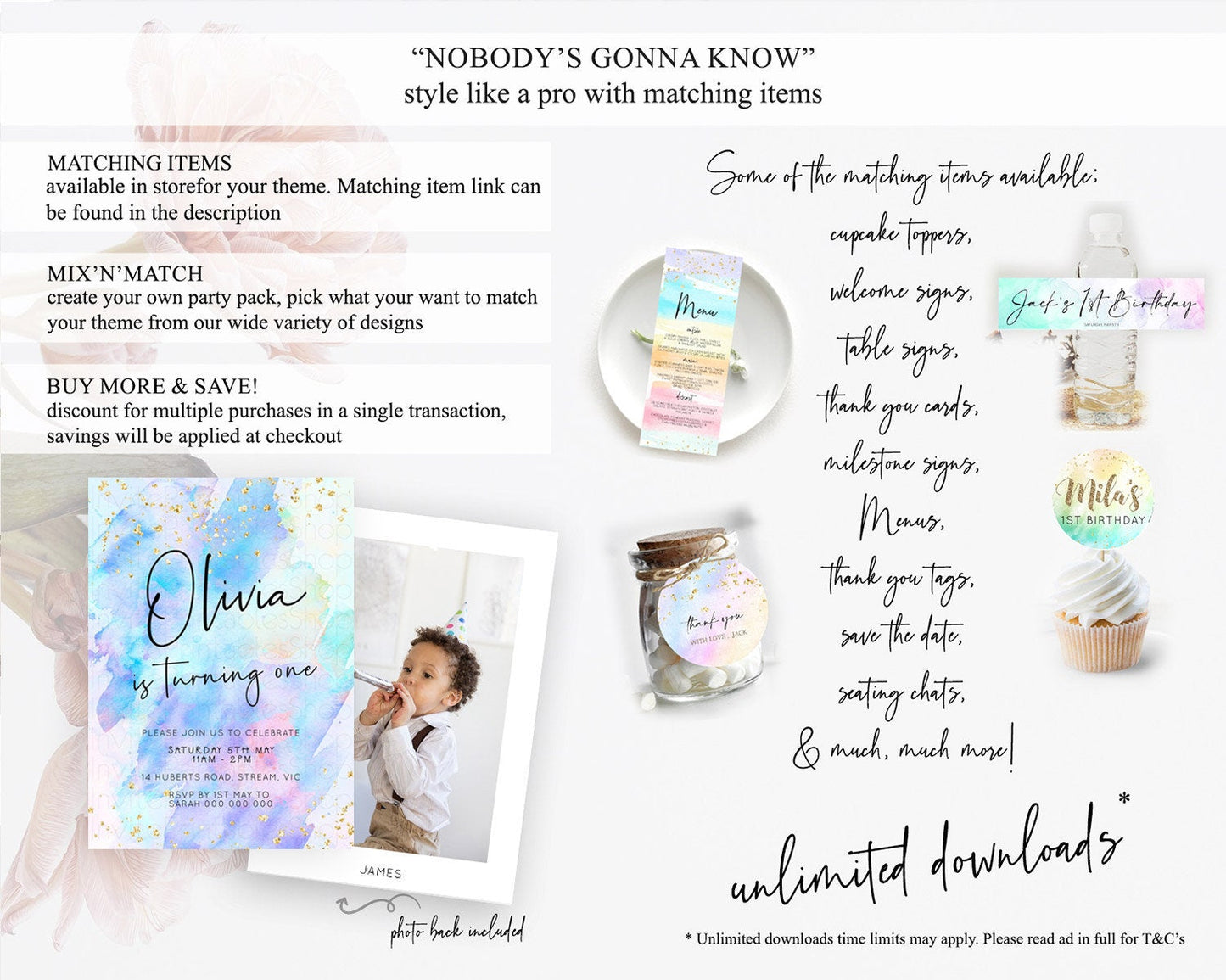 Pastel Birthday Invitation Ombre Watercolor Birthday Invitation Glitter Rainbow Color Splash 1st 2nd 3rd Birthday Invitation D23061