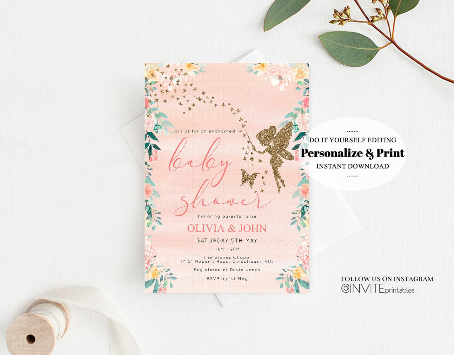 Fairy Baby Shower Invitation Enchanted Baby Tinkerbell Glitter Pixie Twinkle Stars Fairytale Pastel Watercolor Flowers Editable Template