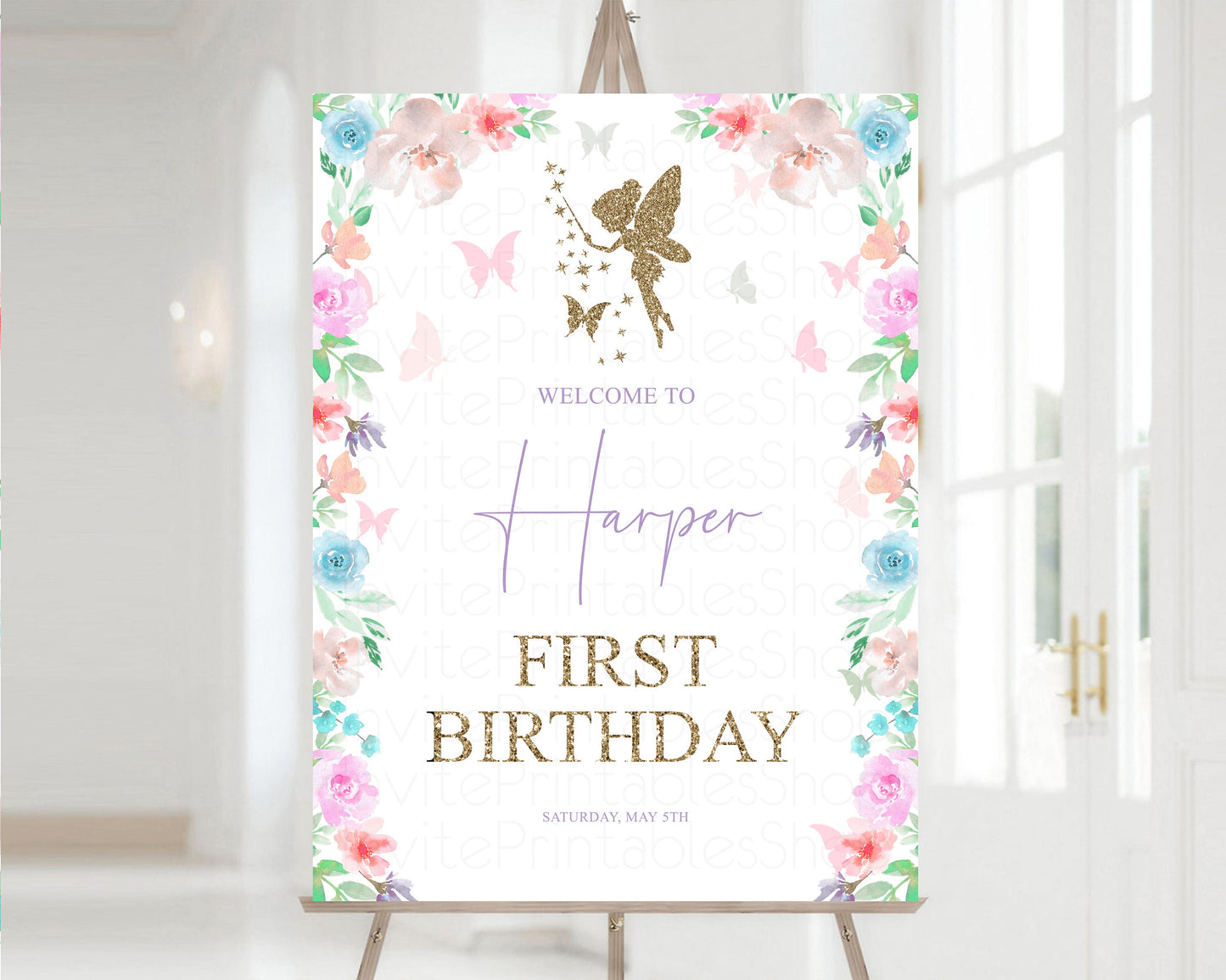 Editable Fairy Welcome Sign Fairy Garden 1st Birthday Welcome Sign Pastel Fl