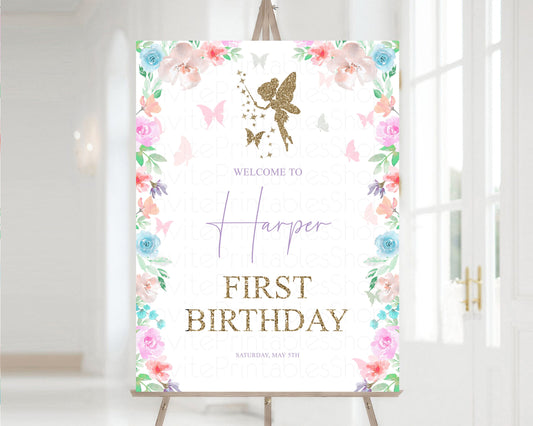 Editable Fairy Welcome Sign Fairy Garden 1st Birthday Welcome Sign Pastel Fl