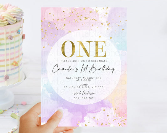 Rainbow Birthday Invitation Colorful Pastel Watercolor Invitation Gold Glitter Sprinkles Ombre Pastel 1st 2nd 3rd Birthday D10623