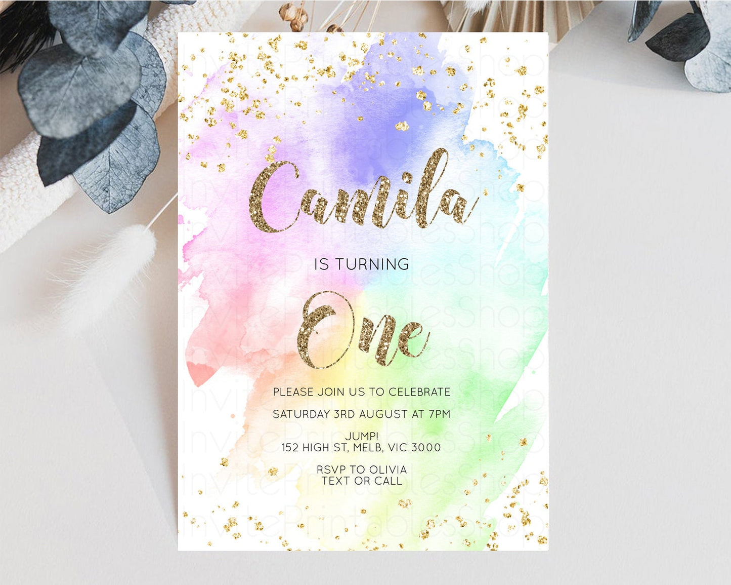 Rainbow Birthday Invitation Pastel Birthday Invitation Ombre Rainbow Invite Colorful Watercolor Invite Glitter Sprinkle Invitation G378