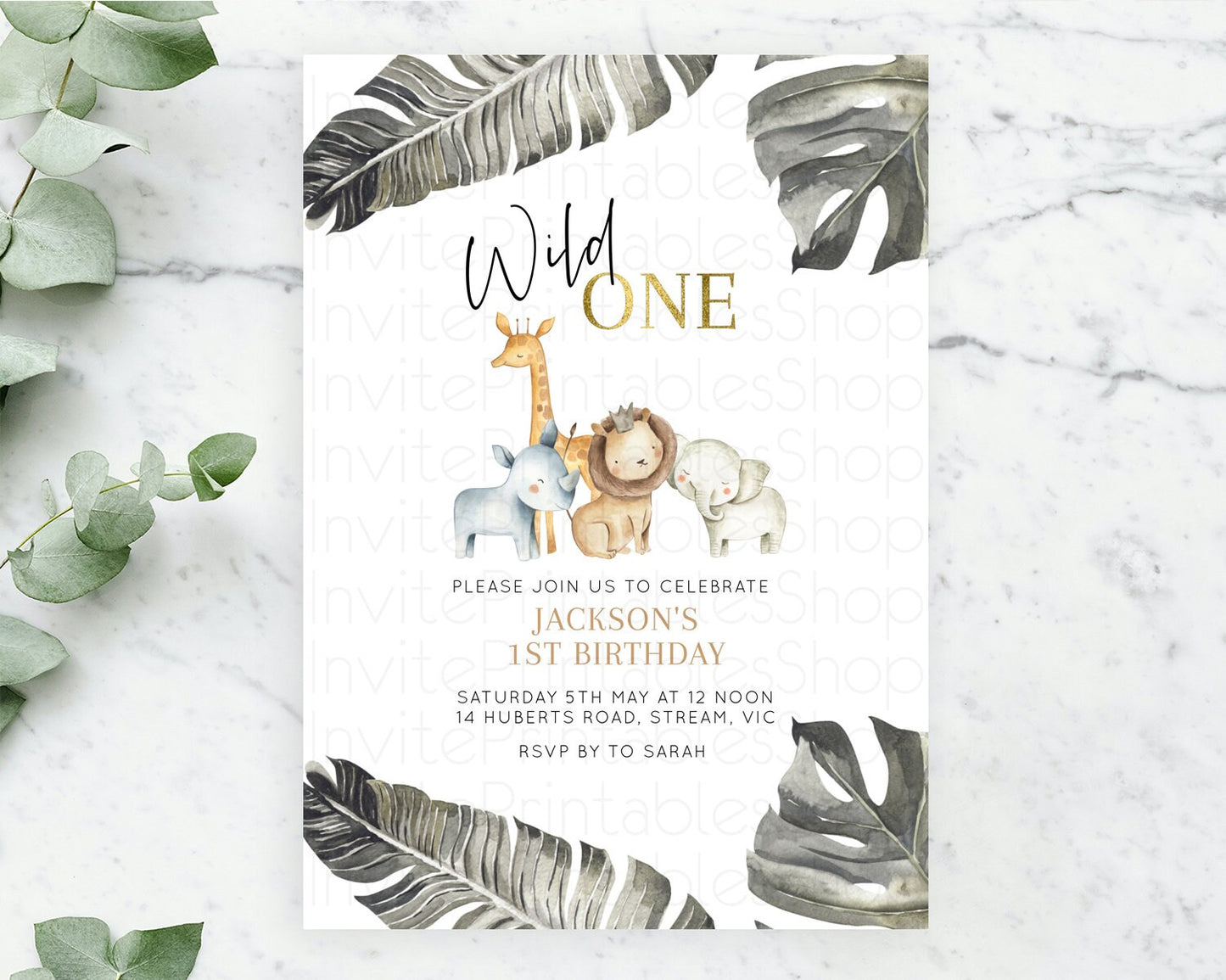 Safari Birthday Invitation Lion Gorilla Elephant Rhino Tropical Palm Jungle Safari Adventure Zoo Party Animal 2nd 1st First Birthday D10599