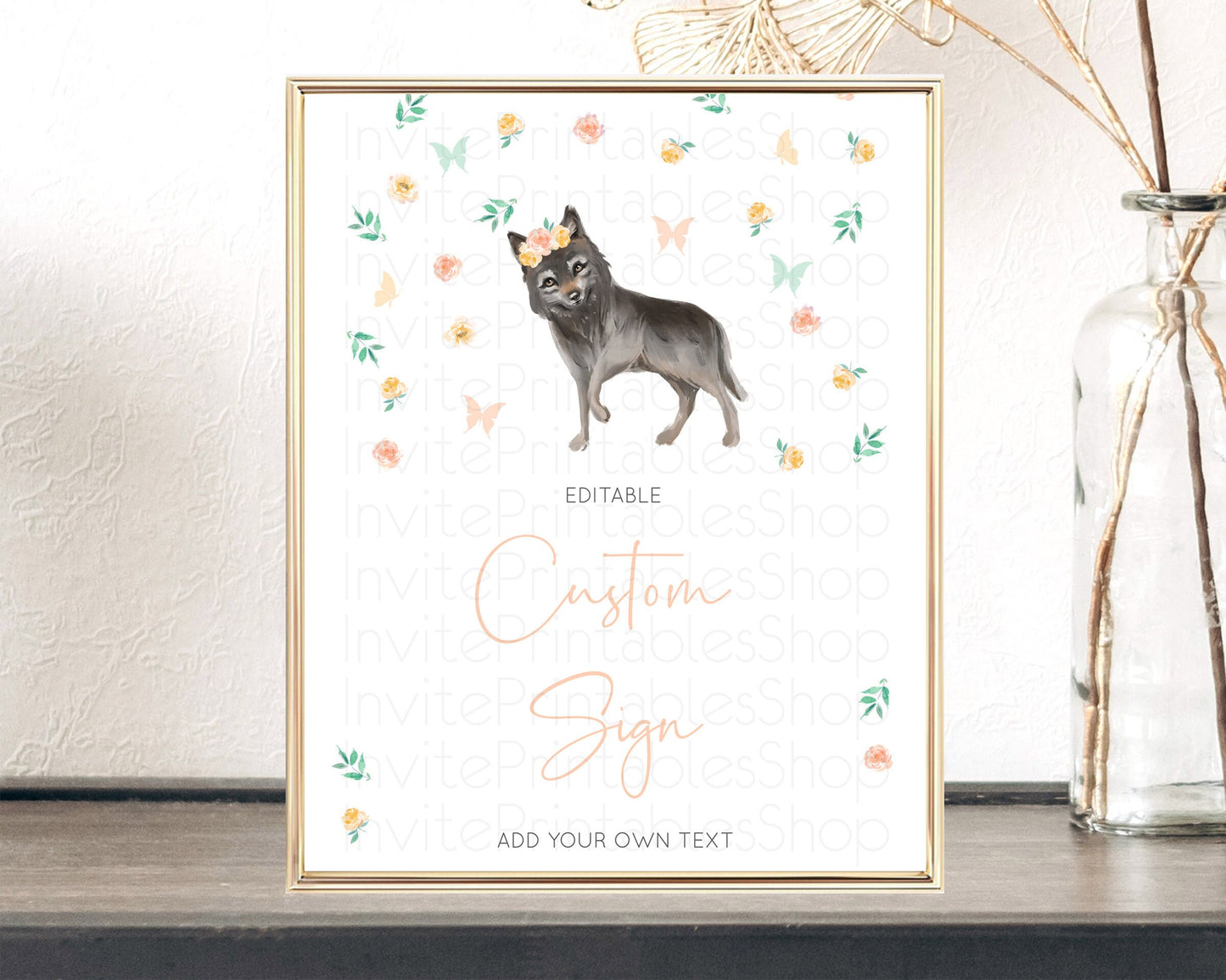 Wolf Sign Wolf Table Sign Decor Pastel Floral Wolf Party Forest Adventure Wilderness Theme Birthday Baptism Christening Baby Shower D10362