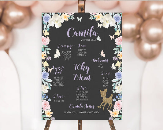 Fawn First Birthday Milestone Board Deer First Birthday Milestone Poster Enchanted Forest Butterfly Pastel Flowers 1st Birthday Sign D10880