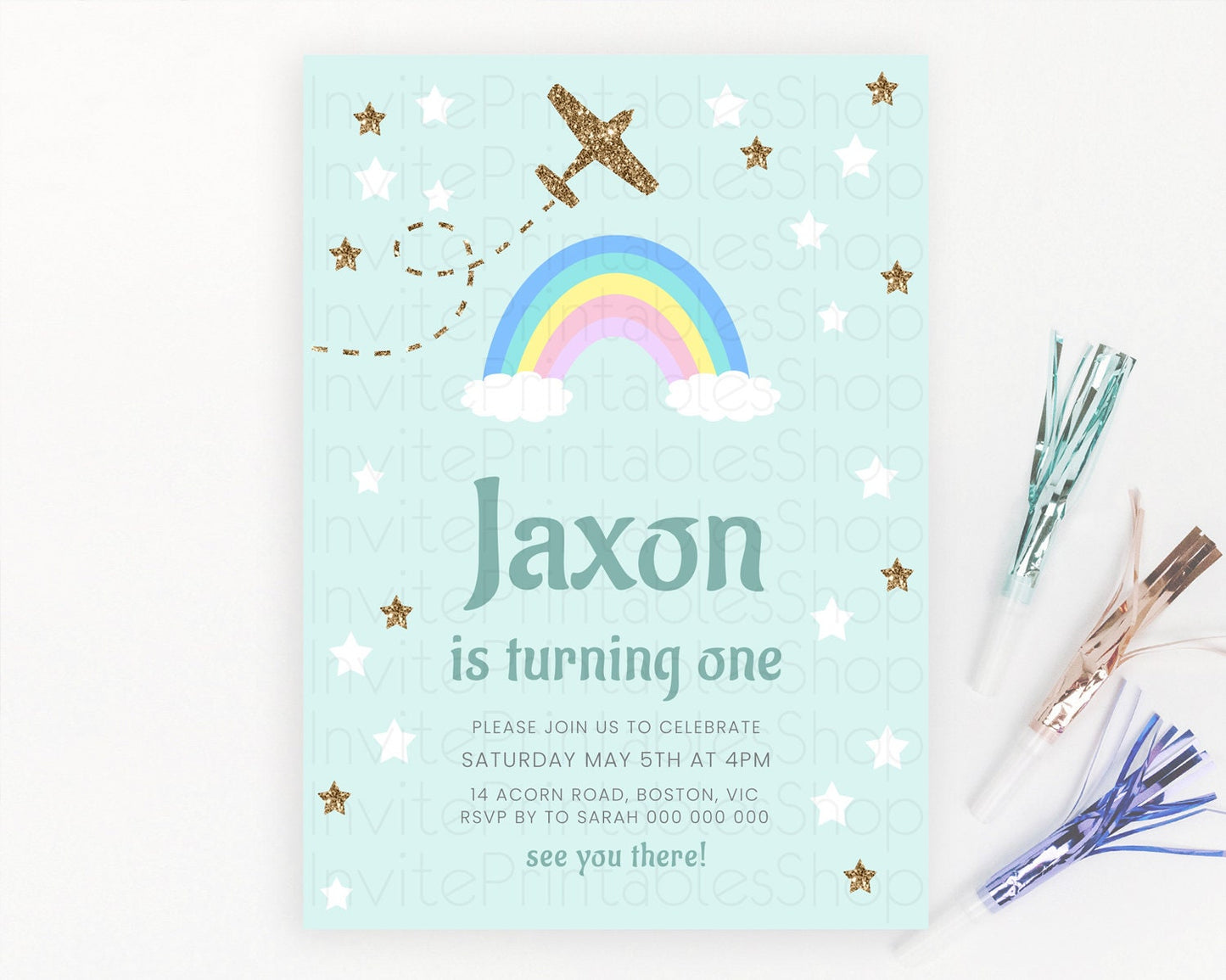 Plane Birthday Invitation Plane Invite Pastel Rainbow Clouds Stars Party Adventure Awaits Up Up Away Glitter 2nd 1st First Birthday D10296