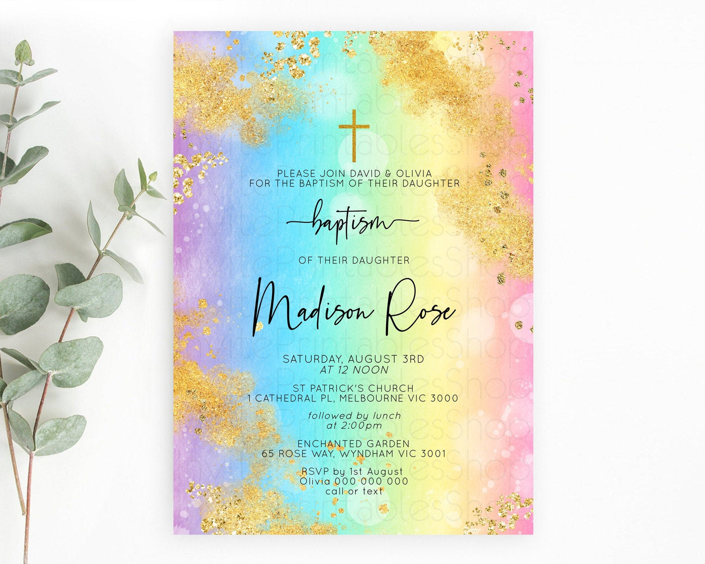 Pastel Baptism Invitation Pastel Colors Watercolor Baptism 1st Birthday Party Gold Ombre Pastel Rainbow Christening Holy Communion D10559