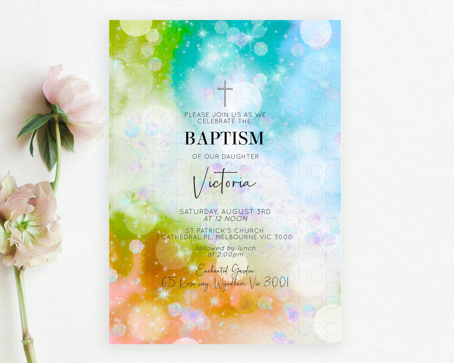 Rainbow Baptism Invitation Colorful Pastel Watercolor Baptism 1st Birthday Invitation Iridescent Glitter Sprinkles Ombre Christening D10692