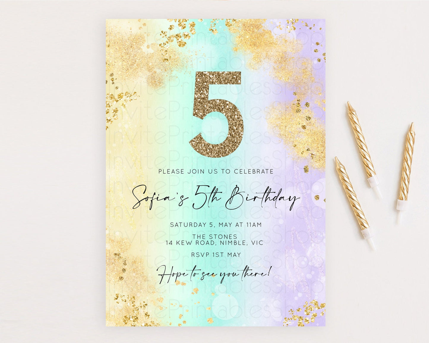 Rainbow Birthday Invitation Colorful Pastel Watercolor Invitation Gold Glitter Sprinkles Ombre Pastel 1st 2nd 3rd Birthday D10672