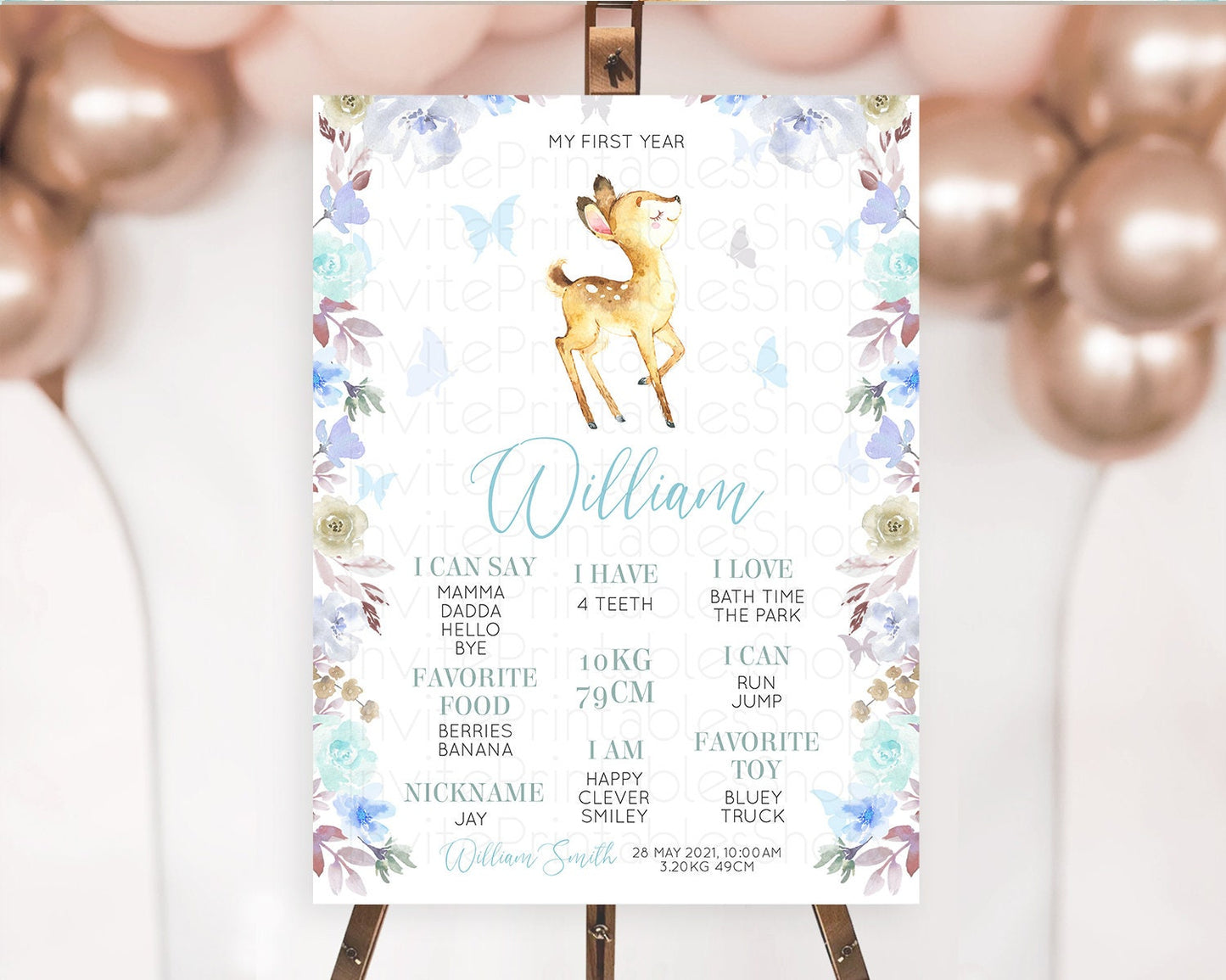 Fawn First Birthday Milestone Board Deer First Birthday Milestone Poster Enchanted Forest Butterfly Pastel Flowers 1st Birthday Sign D10960