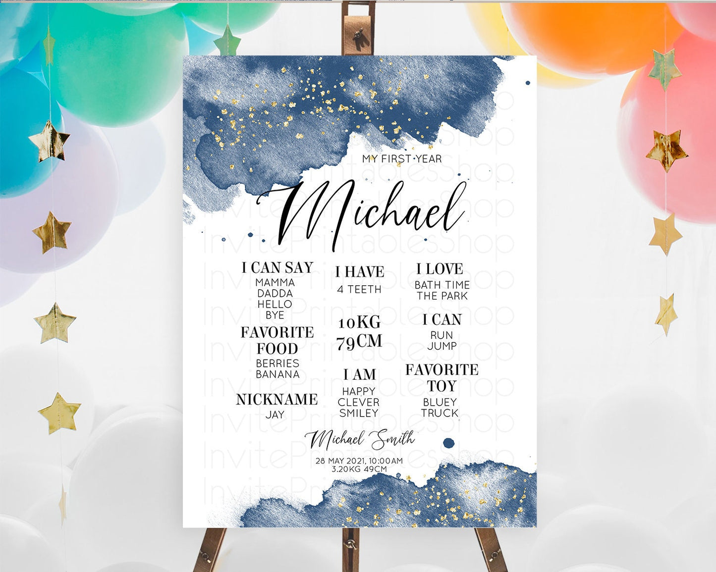 Blue First Birthday Milestone Poster Blue Watercolor Milestone Board Pastel Blue Watercolor Splash Milestone Board 1st Birthday Sign D10312