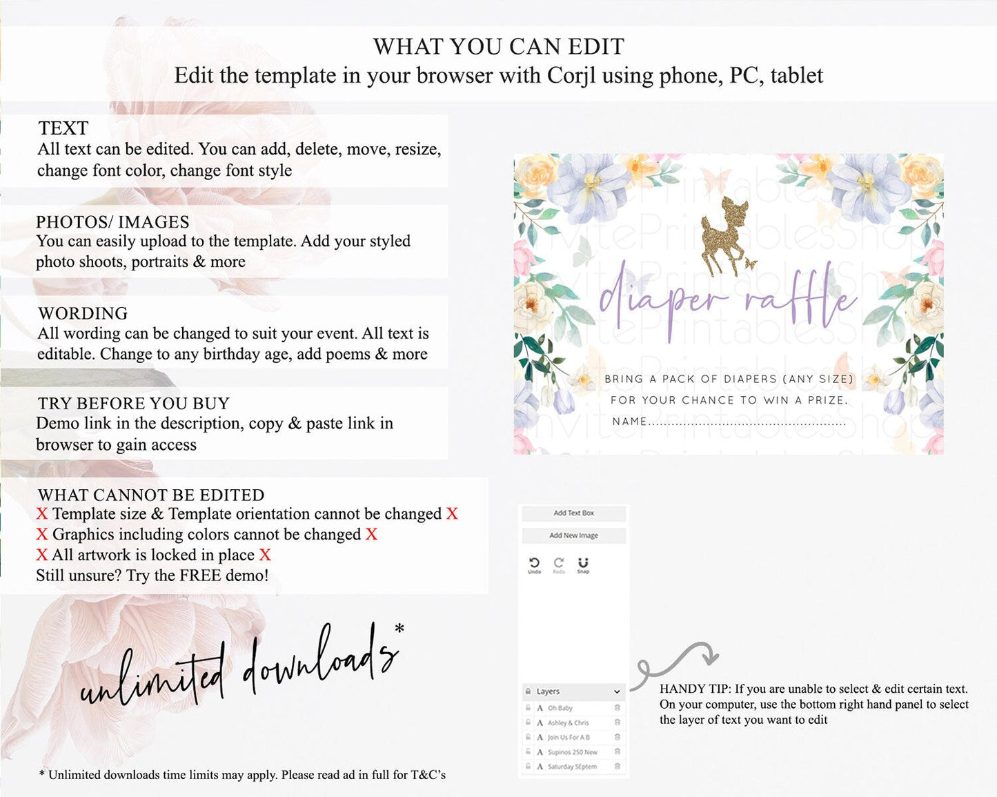 Fawn Diaper Raffle Card Deer Diaper Insert Floral Deer Diaper Ticket Enchanted Forest Butterfly Pastel Baby Shower Raffle Game D10477