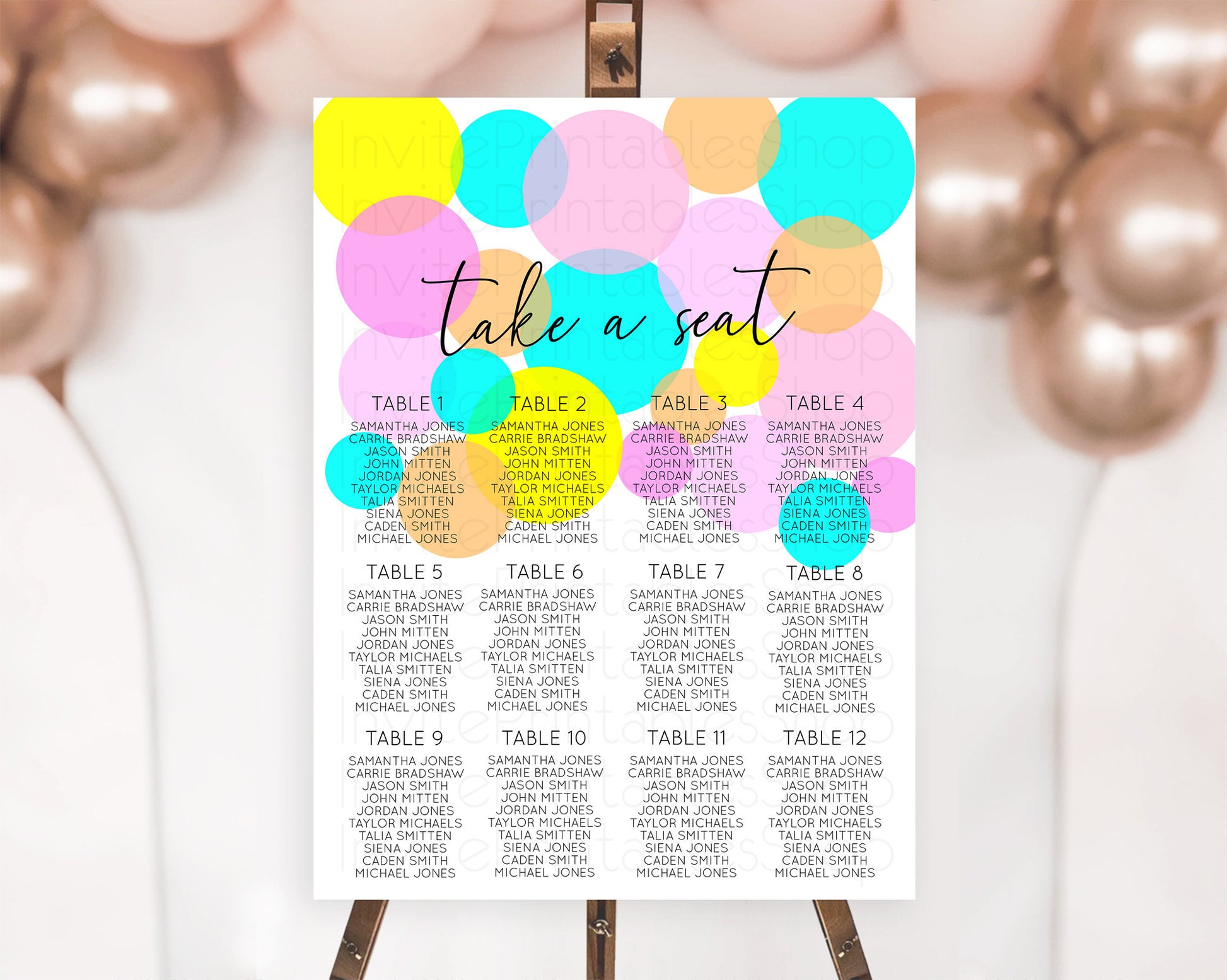 Editable Pastel Seating Chart Pastel Confetti Seating Chart Bubbles Sprinkle