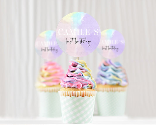Editable Rainbow Cupcake Toppers Pastel Cupcake Toppers Colorful Pastel Wate